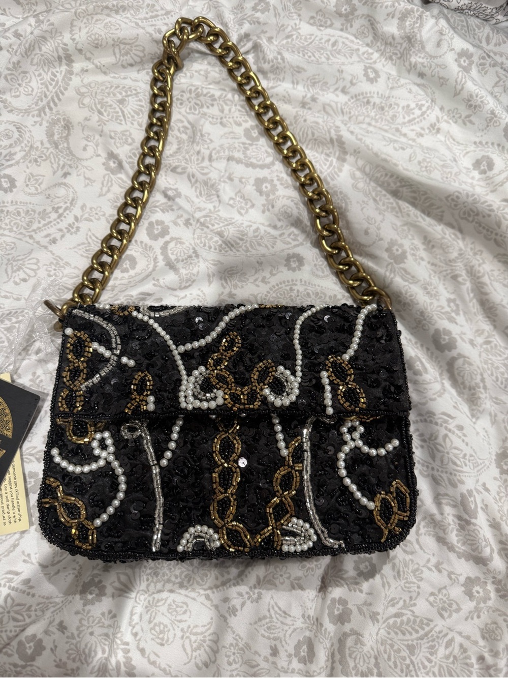 Beaded Black Evening Shoulder Bag with Gold Chain